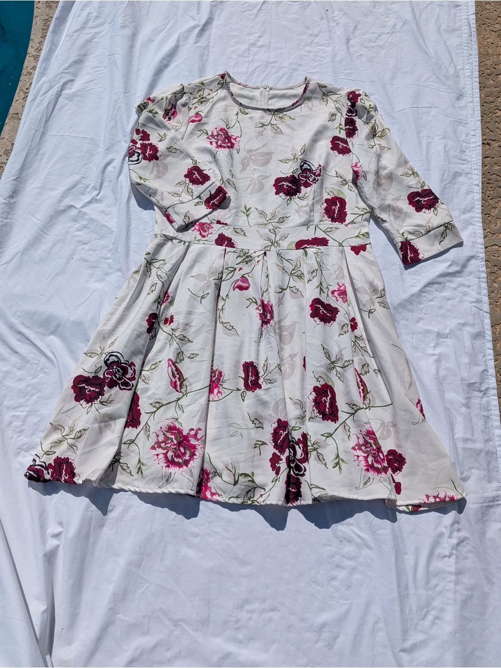 Women’s Floral Fit-and-Flare Dress - White with Burgundy Flowers